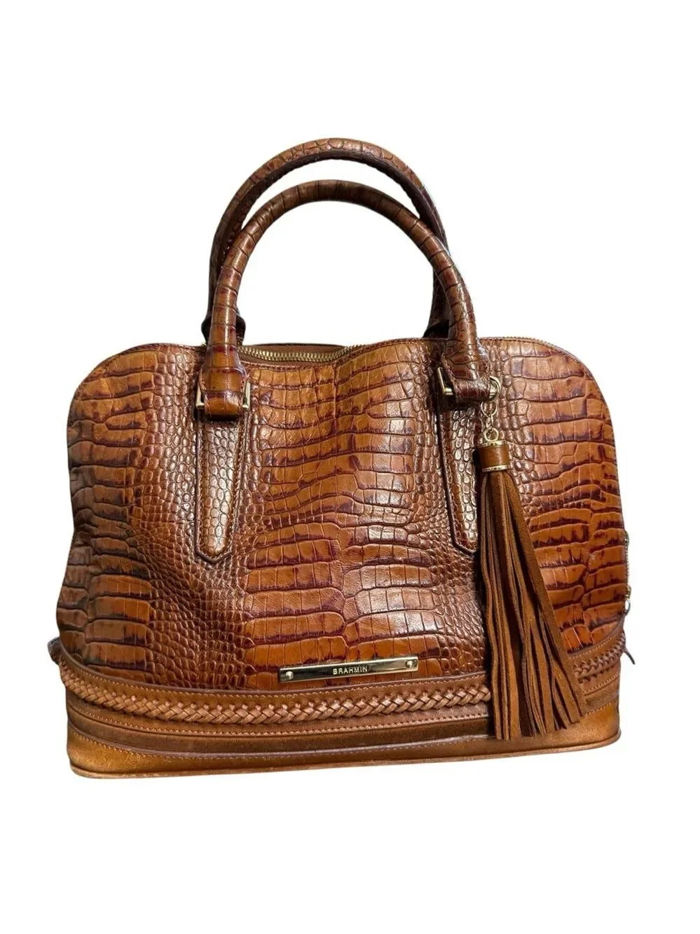 Brahmin Melbourne Croc‎ Embossed Dome Satchel Brown Leather